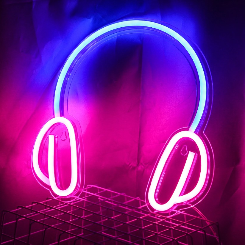 fon kepala - logo tanda neon LED bercahaya tergantung di dinding