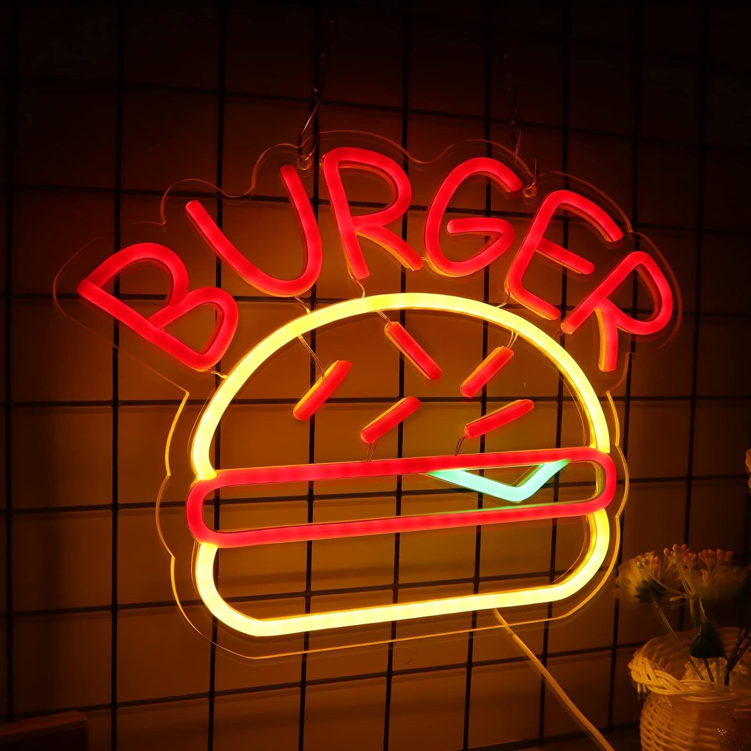 logo lampu neon lampu burger di dinding