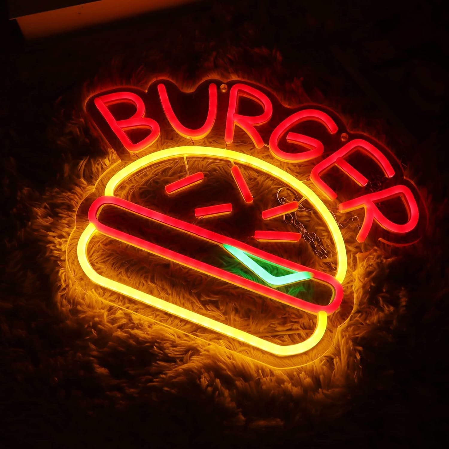 Pengiklanan Burger menerangi tanda neon LED yang bercahaya